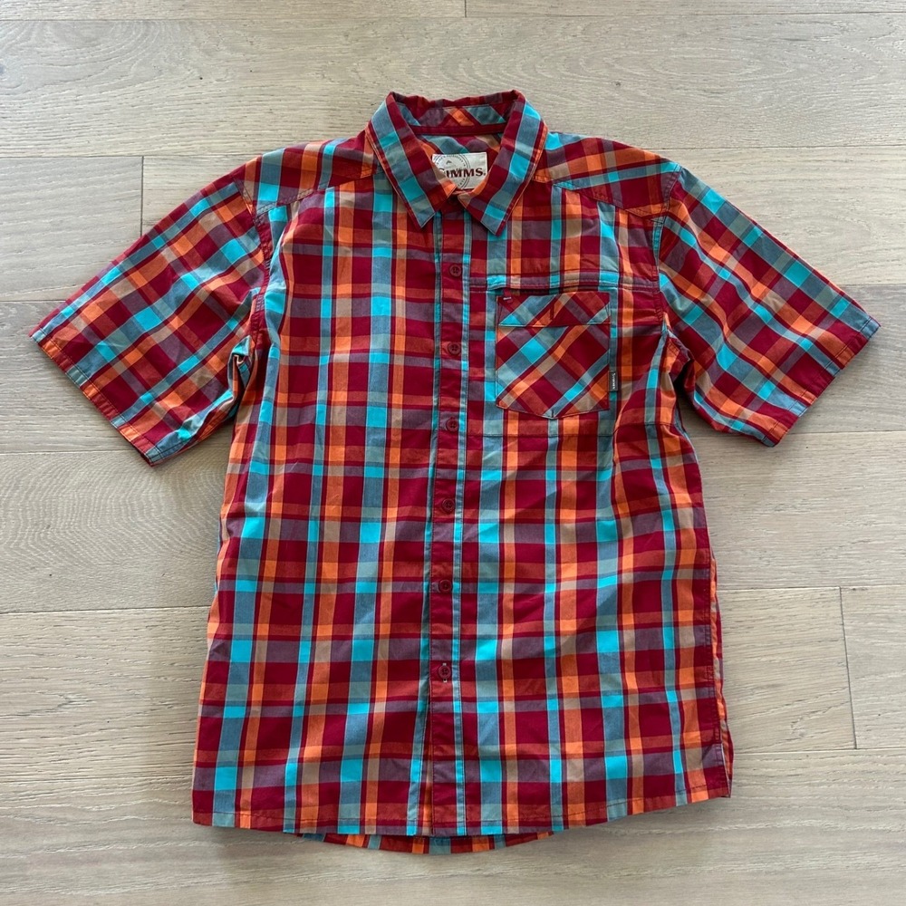 Simms Mens Short Sleeve Plaid Fishing Shirt Red Orange Turquoise Size M